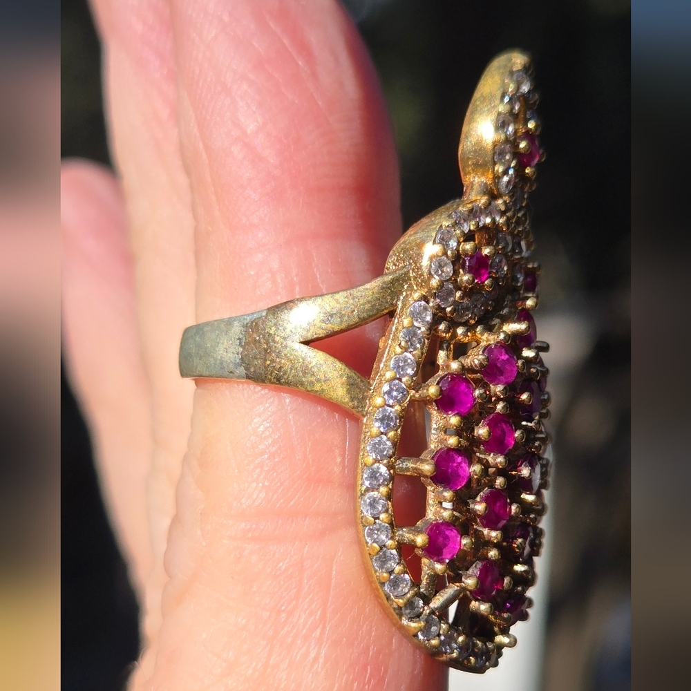 Ruby & Topaz Sterling & Gold Turkush Style Cocktail Ring Sz8.5 - Picture 5 of 8